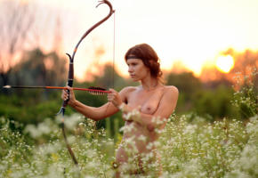 suzanna a, susi r, nadia p, brunette, outdoors, field, naked, sunset, big tits, perky nipples, bow and arrow, hi-q, bow, arrow