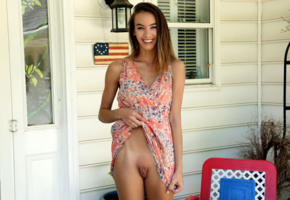 charity crawford, brunette, outdoors, sundress, no panties, shaved pussy, labia, smile