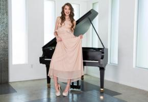 elena koshka, sexy girl, adult model, dress, brunette, piano, small tits