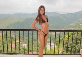 milly mendoza, cute smile, bikini, smile, brunette, balcony