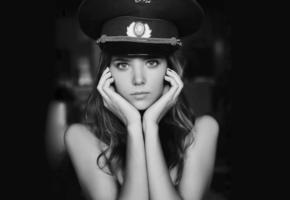 clover, katya clover, mango, model, pretty, babe, russian, military hat, beautiful, black and white, face, 4k, uhd