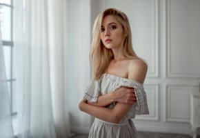ksenia kokoreva, model, pretty, babe, blonde, russian, white dress, 4k, uhd