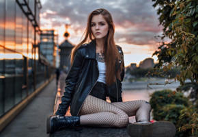 vasilisa sarovskaya, model, pretty, babe, brunette, russian, leather jacket, tattoo, shorts, fishnet, boots, moscow, 4k, uhd