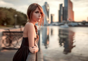 ksenia kokoreva, model, pretty, babe, brunette, russian, black dress, river, moscow, 4k, uhd