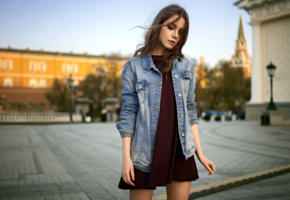ksenia kokoreva, model, pretty, babe, brunette, russian, dress, denim jacket, legs, moscow, 4k, uhd