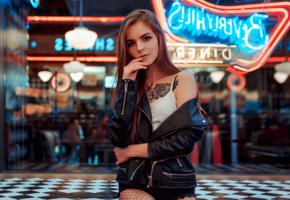 vasilisa sarovskaya, model, pretty, babe, brunette, russian, leather jacket, tattoo, fishnet, no nude, 4k, uhd