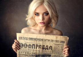 kristina mamatyukova, model, pretty, babe, blonde, blue eyes, russian, sensual lips, juicy lips, newspaper, face, pravda, 4k