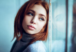model, redhead, blue eyes, russian, sensual lips, mirror, reflection, face, 4k, renata w
