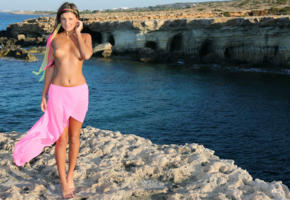 maria ryabushkina, ocean, tanned, sea, rocks, tits, topless, 4k