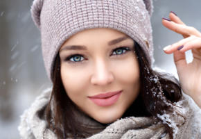 angelina petrova, model, babe, dark hair, blue eyes, russian, sensual lips, face, snow, hat, beanie, 4k