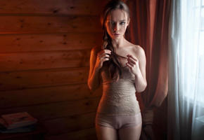 model, pretty, babe, brunette, russian, sensual lips, panties, camel toe, indoors, georgy chernyadyev studio, 4k, lingerie
