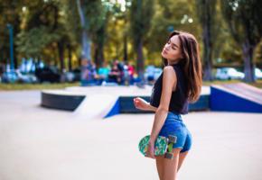 evgenia ivanenko, model, pretty, babe, brunette, russian, t-shirt, skateboard, back, 4k, shorts, jean shorts, skater chick, denim shorts