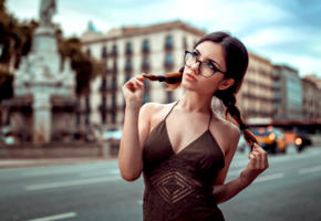 model, pretty, babe, brunette, pigtails, glasses, sensual lips, dress, outdoors, 4k, depth of field, delaia gonzalez