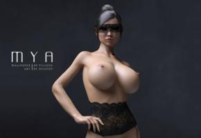 mya, art, 3d, girl, virtual babe, asian, big boobs, huge tits, nipples, black hair, short hair, black lingerie, giant tits, enormous boobs, background, super boobs, own work, 3d art, dark, lace