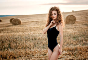 alina zaslavskaya, model, pretty, babe, russian, undies, underwear, bodysuit, outdoors, field, hay, 4k, depth of field, nature