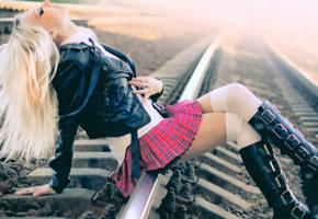 model, blonde, leather jacket, skirt, boots, school girl, railway, no nude, railline, depth of field, schoolgirl, stockings, uniform fetish, babes in boots