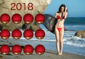 model, bikini, beach, surfboard, calendar, 2018, brunette, skinny, wet, red bikini