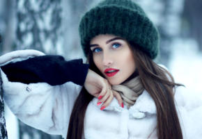 model, pretty, babe, brunette, blue eyes, russian, sensual lips, beanie, birch, trunk, 4k, depth of field, face