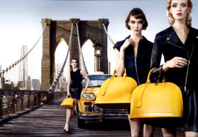 monika jagaciak, karlie kloss, model, brunette, blonde, bags, brooklyn bridge, louis vuitton, taxi, new york city, fashion, bridge