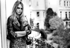 cara delevingne, top model, actress, leather jacket, bag, black and white, monochrome