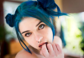 kuroha, model, pretty, babe, suicide girls, green eyes, blue hair, sensual lips, 4k, face, portrait