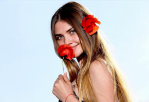 georgia, viva, model, blue eyes, russian, smile, poppies, flowers, 4k, face, portrait