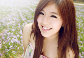 young girl, model, brunette, posing, outside, smile, flowers, asian, zhao yihuan