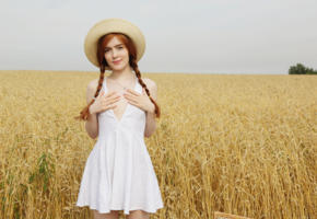 jia lissa, redhead, outdoors, wheat, field, dress, hat, pigtails, smile, hi-q, non nude