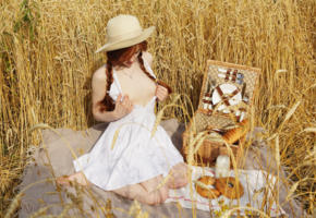 jia lissa, redhead, pigtails, outdoors, wheat, field, picnic, dress, topless, small tits, hat, hi-q, non nude