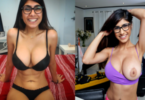 sexy, boobs, pornstar, mia, low quality, big tits, smile, collage, bra, black lingerie, black bra, black panties, nipples, mia khalifa
