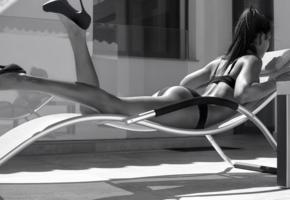 model, long hair, bikini, stilettos, lingerie, black and white, no nude, outdoors, ass, tanned, non nude, high heels