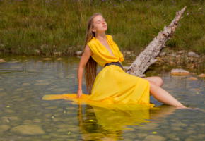 milena, yellow dress, dress, brunette, river, milena d