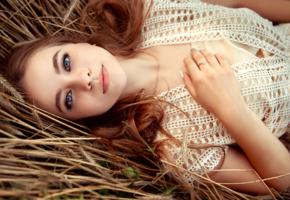 model, pretty, blue eyes, sensual lips, portrait, hay