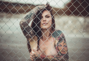 tattoo, strategic covering, fence, busty, handbra, big boobs