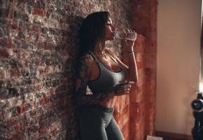 angelica anderson, brunette, tattoo, drinking, nipple, tanned, fitness model, sexy, oiled
