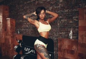 angelica anderson, brunette, tattoo, gym, wieghts, tanned, fitness model