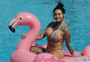 jemma lucy, black hair, tattoo, flamingo, smile, pool, boobs, big tits