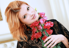 violla a, 4k, sexy, smile, flowers, redhead