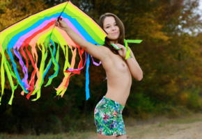 emmy, brunette, smile, tits, topless, kite