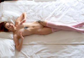 alice shea, akari y, kateryna g, natalie d, katy g, model, pussy, shaved pussy, pink stockings, stockings, tattoo, bed, bedroom, soft focus, nude, pillows