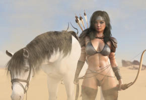 cg, micro bikini, warrior, horse, amazon, bow, arrow, archer, vector, 3d, 3d art