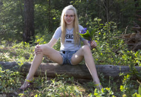 nika, blonde, glasses, jean shorts, forest, nerdy, outdoors, pale skin, non nude, jeans shorts, smile