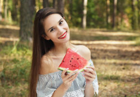 leona mia, cute, brunette, forest, long hair, outdoors, skinny, teen, watermelon, smile, red lips, sexy