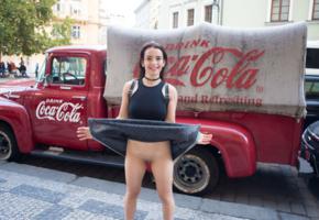 petra n, brunette, coca cola, truck, ford, dress, flashing, no panties, shaved pussy, labia, smile, hi-q