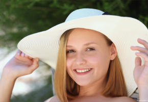 taya, lovely, blonde, posing, outdoors, hat, smile