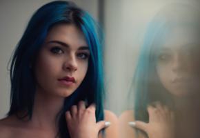 ivy blue, girls, sexy, eyes, blue hair, lips, face, reflection