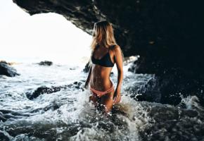 blonde, athletic, bikini, cave, wet, sea