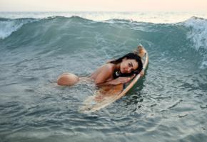model, brunette, ocean, wet, naked, surfboard, smile, ass, sea, tanned, surfing