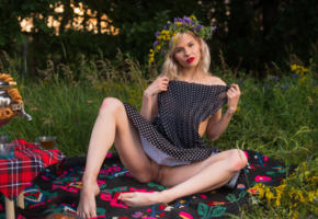 zarina a, blonde, dress, erotic, outdoors, trimmed pussy, labia, pussy, spreading legs, red lips, grass