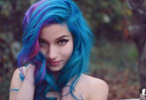 fay suicide, suicide girls, blue hair, outdoor, face, piercing